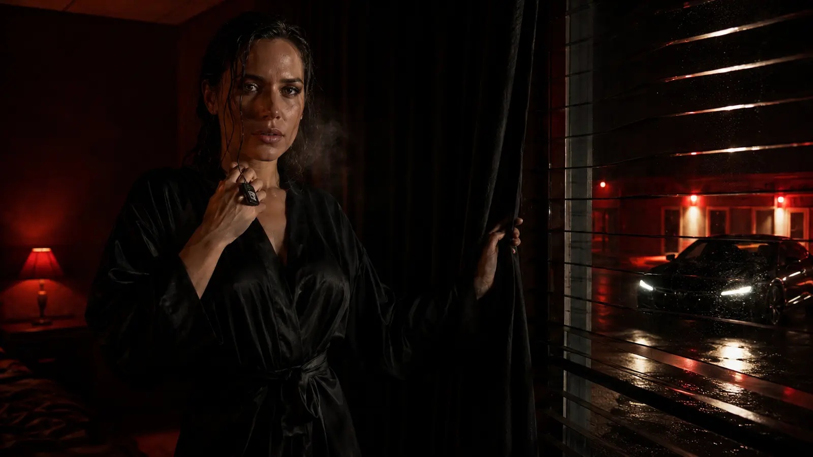 A passenger waiting beside a rain-dark performance car